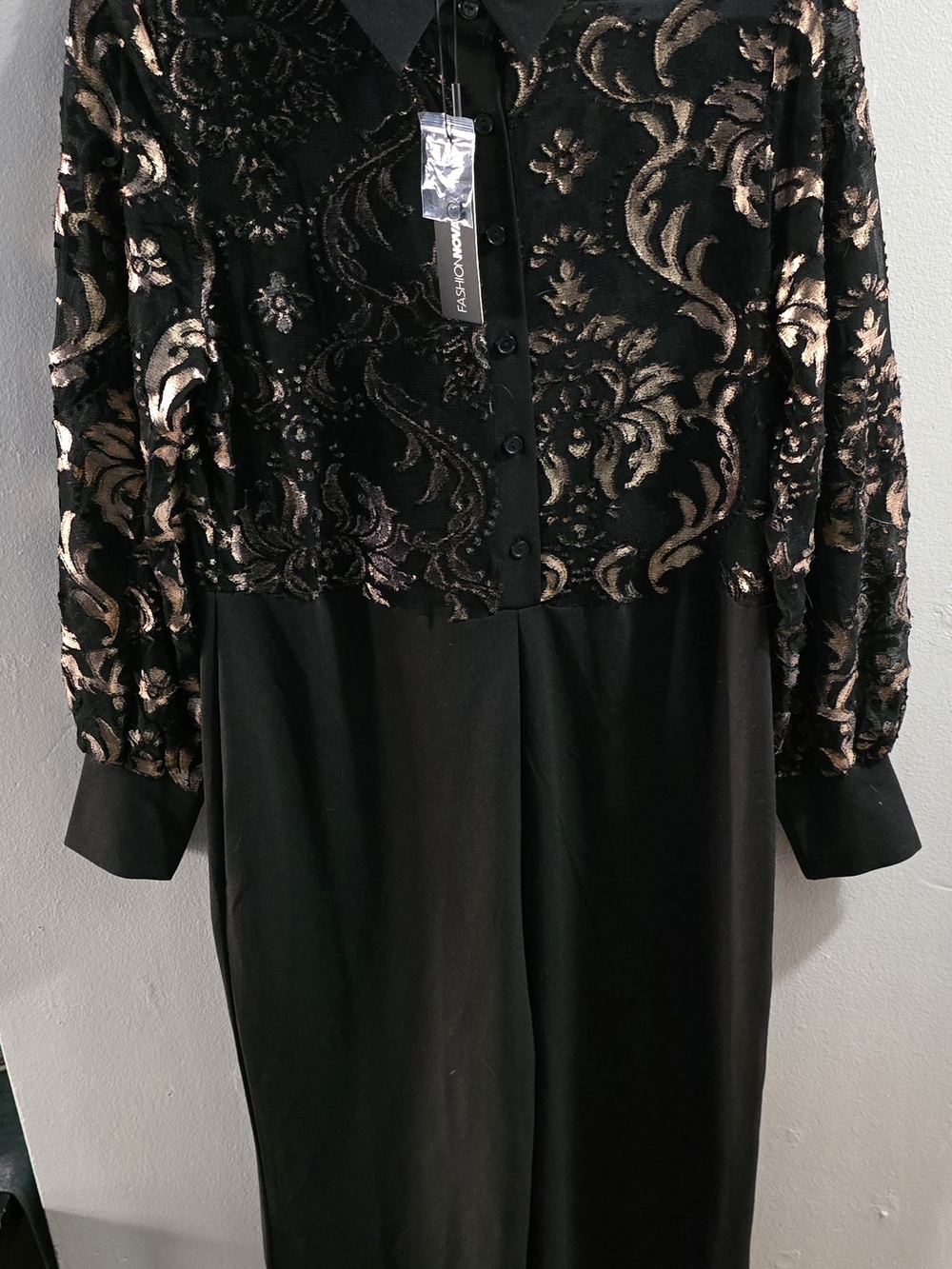 Fashion Nova Black and Gold Velvet Burnout Dress